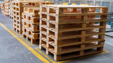 A stack of wooden pallets in a warehouse ready to be cleaned or previously cleaned for mold.