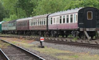 A row of old railcars on train tracks near greenery. Some of the railcars have chipped paint, dust, and rust.