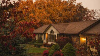 A suburban house sits with its lights on after the sun has gone down. Trees surround it with fall colors.