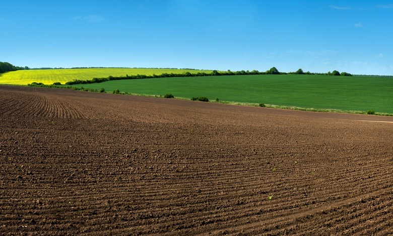A large plot of raw land with tilled soil and two lush green fields in the background separated by lines of trees.