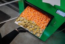 A high view of someone pulling a tray of freeze-dried food out of a freeze dryer. The person wears black gloves.