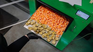 A high view of someone pulling a tray of freeze-dried food out of a freeze dryer. The person wears black gloves.
