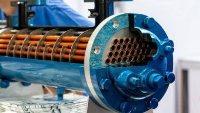 A large cross-section of a core heat exchanger for a cooling oil system with the top section exposed.