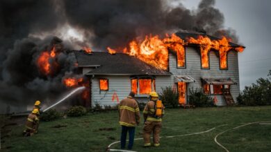 A firefighter uses a hose to put out a massive fire in a home, producing lots of black smoke. Two firefighters stand by.