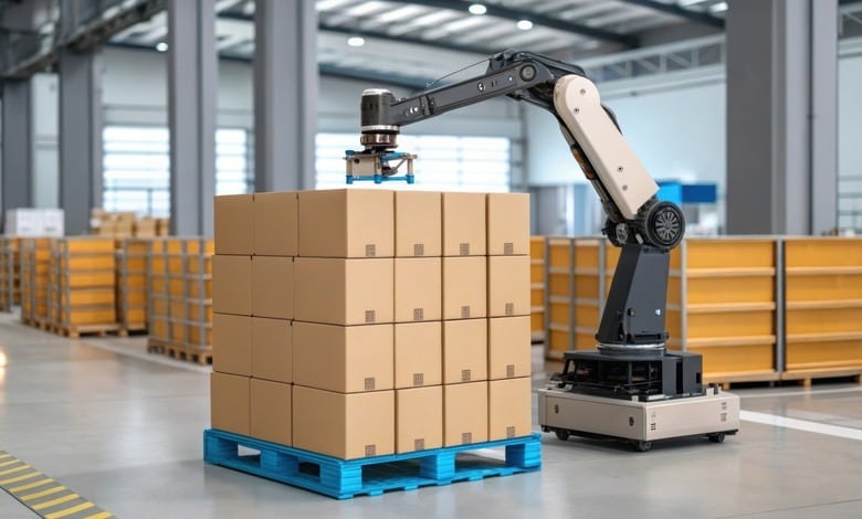 A blue plastic pallet in a warehouse with four layers of cardboard boxes stacked on it, with a robotic arm hovering over it.