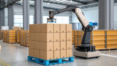 A black and white robotic palletizing arm neatly stacks brown boxes on a blue pallet in a warehouse.