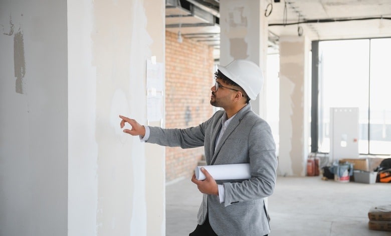 A person wearing a business suit and a hard hat is holding a rolled-up blueprint while inspecting a construction site.
