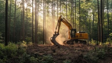 A large yellow excavator digging in a dense forest with the sunlight filtering through the tall trees.