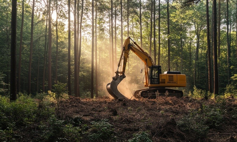 A large yellow excavator digging in a dense forest with the sunlight filtering through the tall trees.