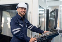 An engineer wearing a white hard hat and protective uniform smiles and uses a CNC machine control panel.