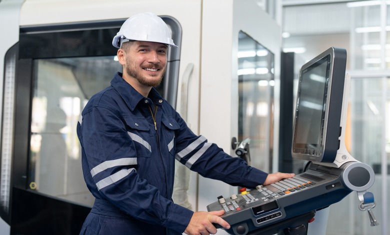 An engineer wearing a white hard hat and protective uniform smiles and uses a CNC machine control panel.