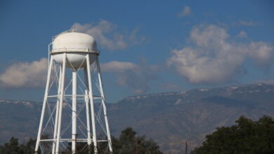 A tall white water tower with a spherical tank in front of mountains. The tower is framed by trees and utility poles.