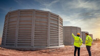 Two men wearing neon yellow jackets and hard hats stand in front of a row of outdoor water tanks, pointing.