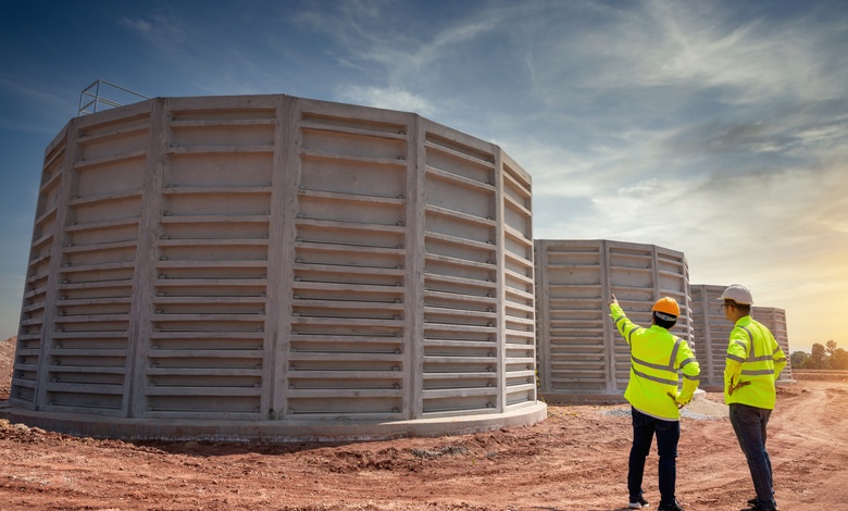 Two men wearing neon yellow jackets and hard hats stand in front of a row of outdoor water tanks, pointing.
