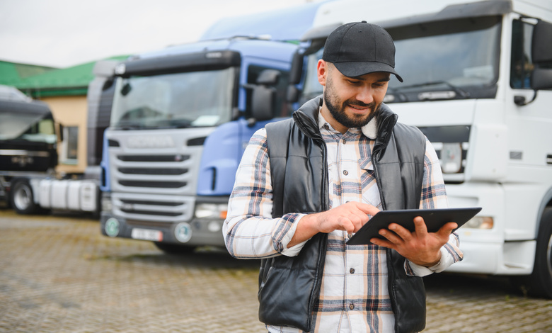 A man wearing a plaid shirt, black vest, and cap holding a tablet while standing in front of semi-trucks in a lot.